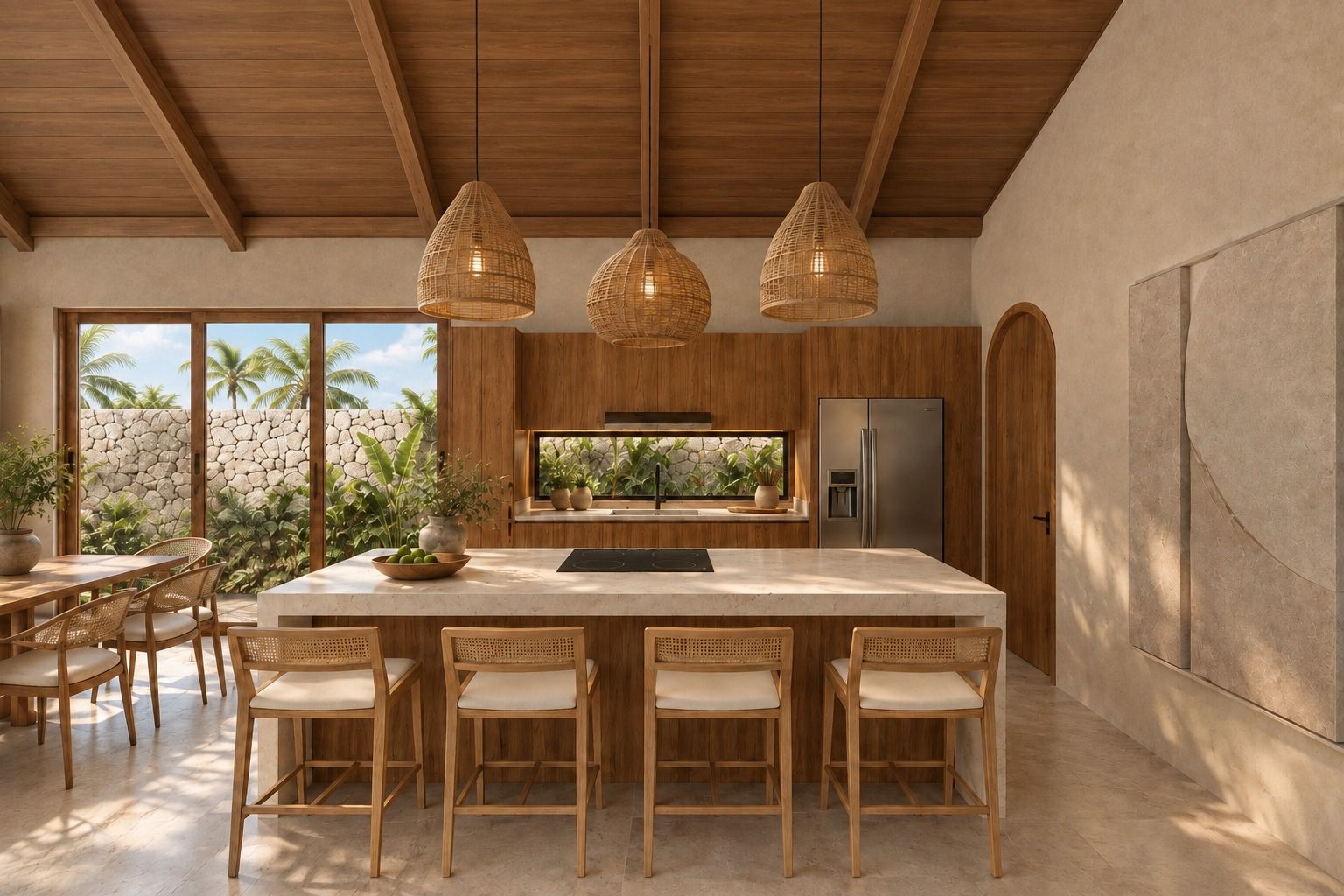 Cocina de Villa Corales con isla y lámparas de fibra