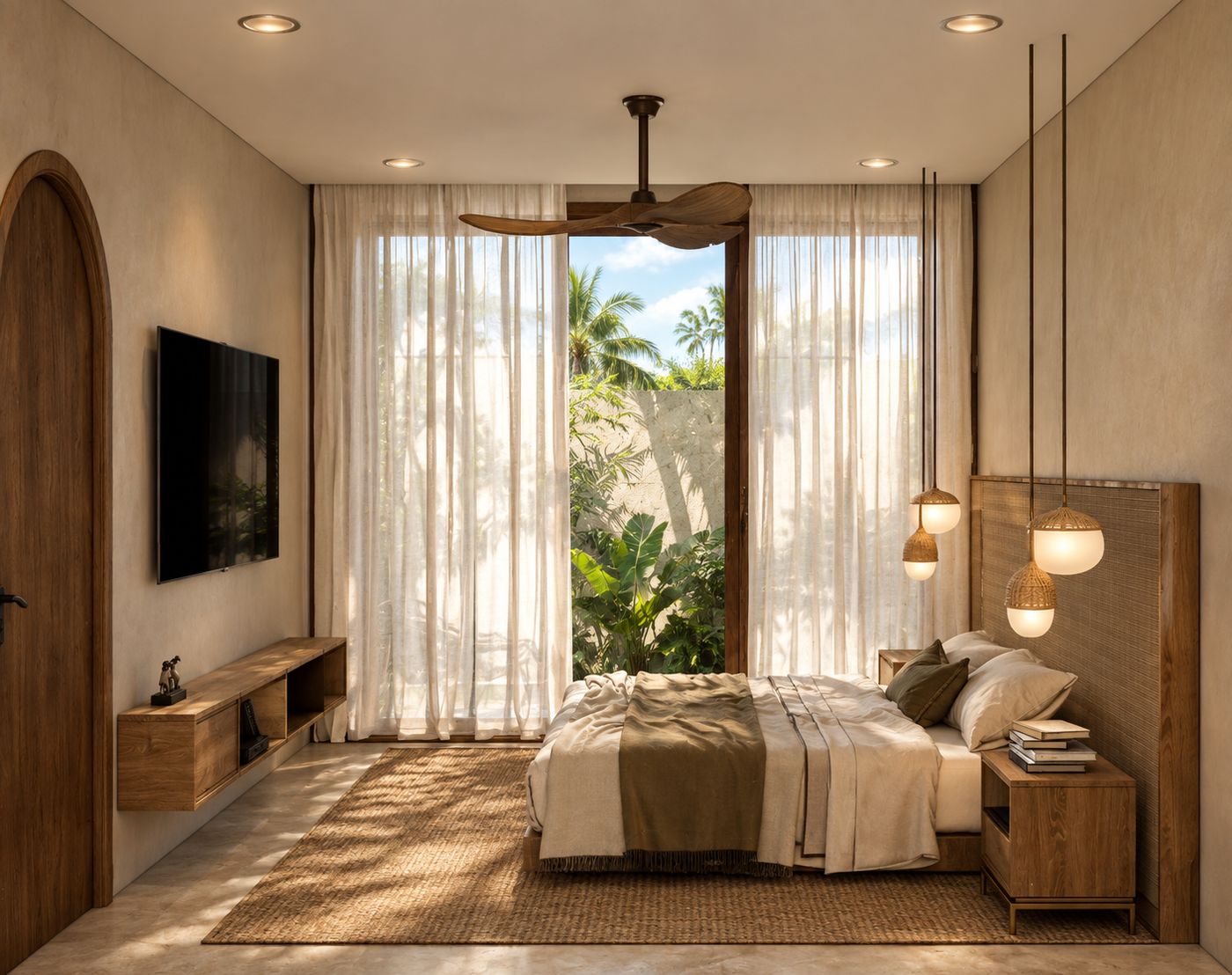 Dormitorio con cortinas de lino abierto al jardín