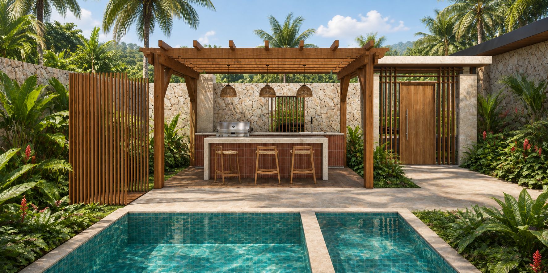 Pérgola de madera con cocina exterior junto a la piscina