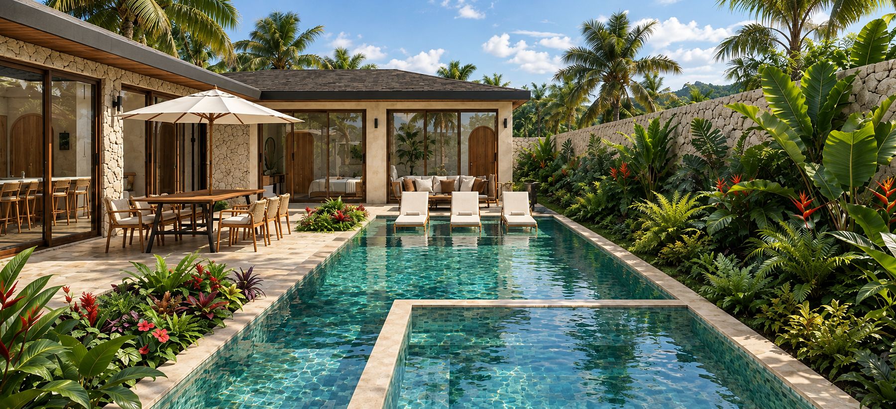 Piscina larga de Villa Corales rodeada de jardín tropical