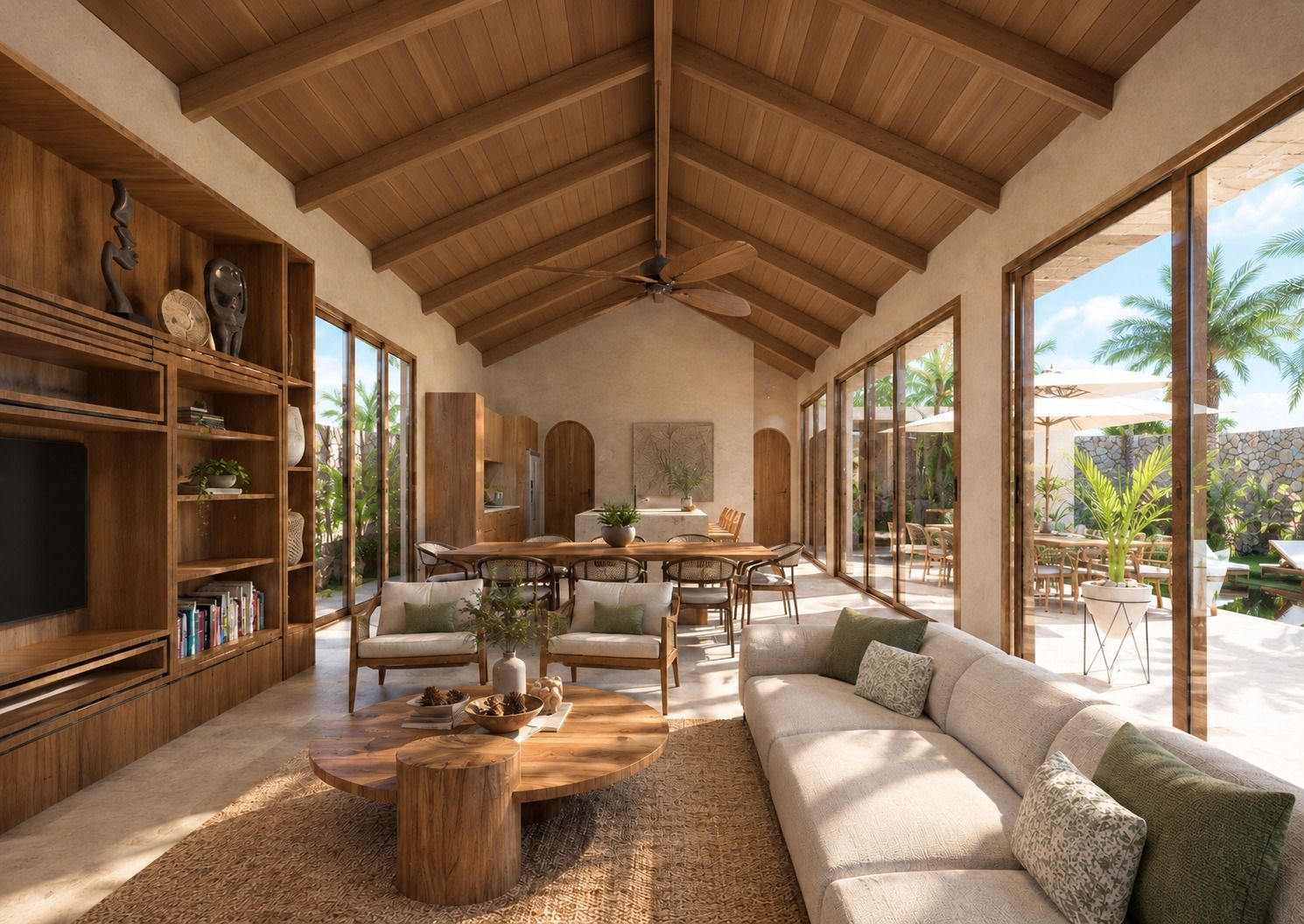 Sala de Villa Corales con techo de madera