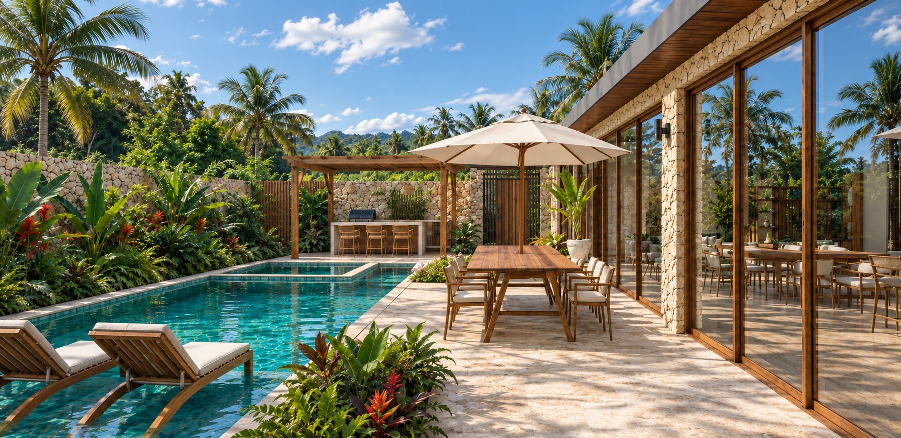 Villa Corales, terraza junto a la piscina larga