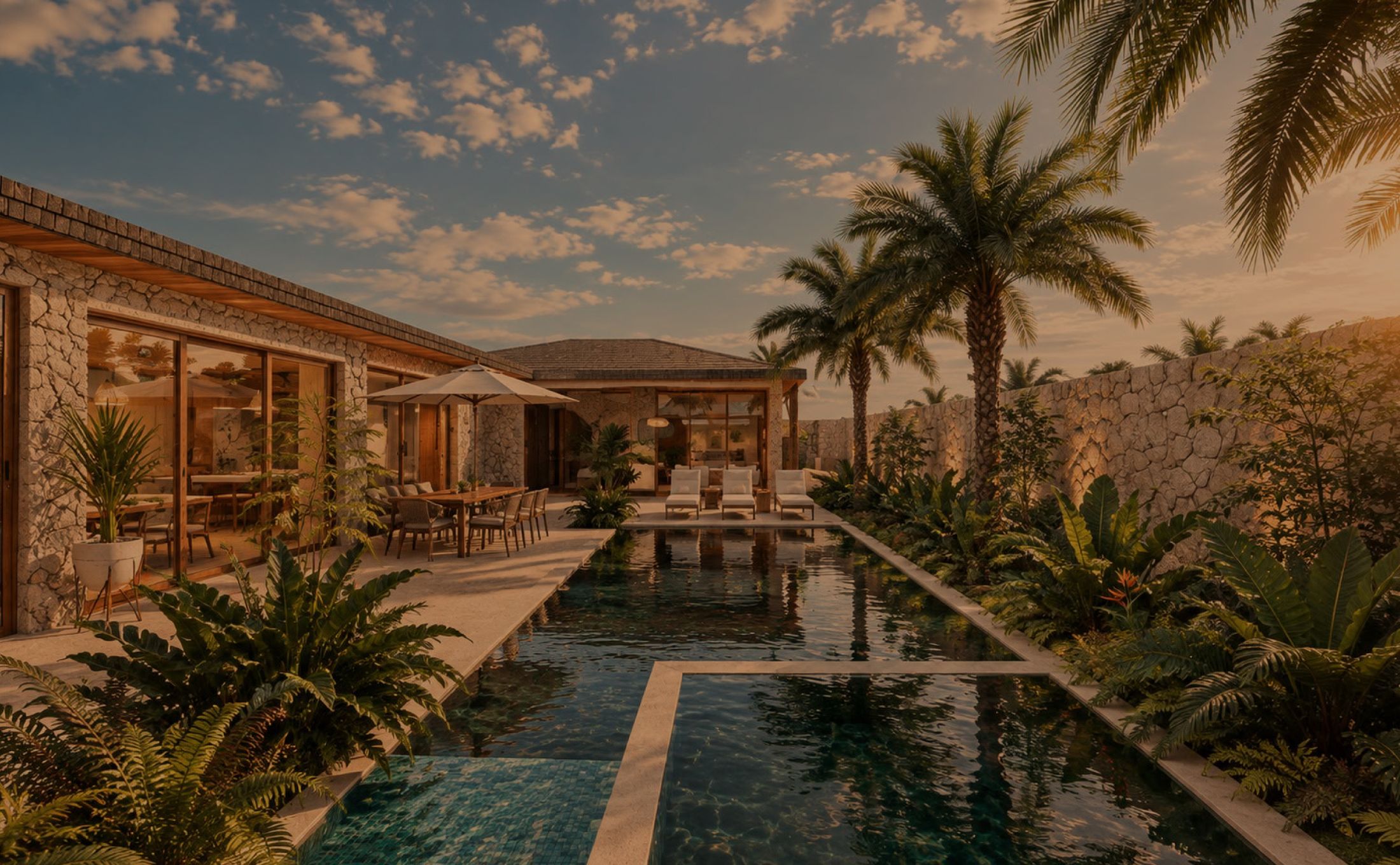 Villa al atardecer con piscina larga, palmas y muros de piedra coralina