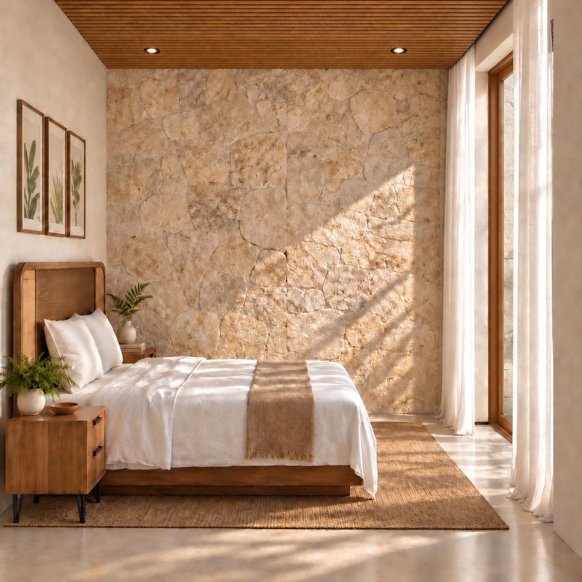 Dormitorio de Villa Palmera con pared de piedra coralina