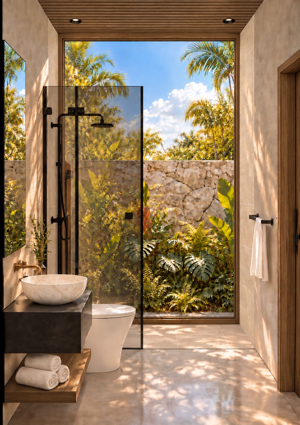 Ducha con ventanal hacia el jardín tropical