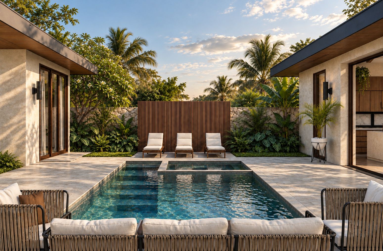 Piscina privada de Villa Palmera con tumbonas